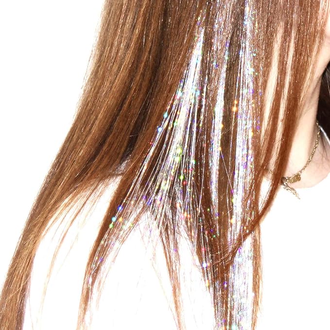 47" Holographic Hair Tinsel Kit - Shining Silver Professional Sparkle Heat-Resistant Silk Hair Extensions - Party Hair, Gifts for Girls (2200 Strands)