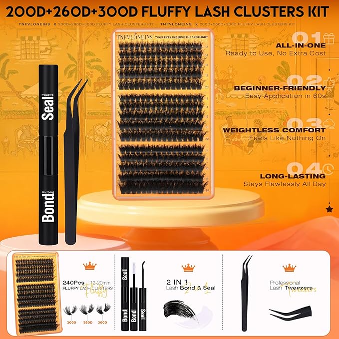 Fluffy Lash Clusters Kit 200D+260D+300D Eyelash Clusters Spikes Lash Extension Kit Thick Eyelash Extension Kit D-Curly Cluster Eyelash Extensions 12-20MM Mink Individual Lashes Cluster by TNFVLONEINS