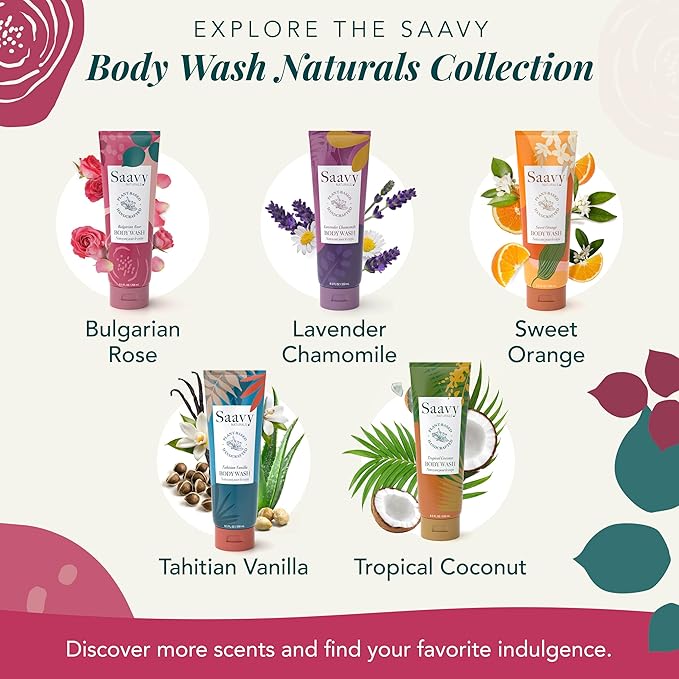 Saavy Naturals Body Wash Bulgarian Rose Plant-Based Ingredients- Made In USA - Sensitive Skin Body Washl Organic Formula With Coconut Oil, Shea Butter, And Aloe Vera - 8.5 Fl Oz, 2 Pack