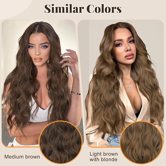 ALXNAN Clip in Long Wavy Synthetic Hair Extension 24 Inch Medium brown 4PCS Thick Hairpieces Fiber Double Weft Hair for Women