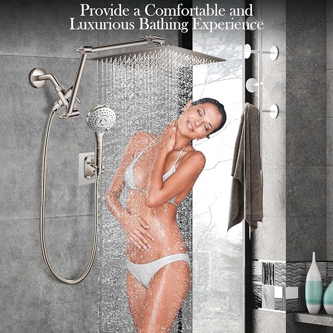 12'' Rain Shower Head Combo, High Pressure Rainfall Shower Head with 16'' Flexible Height/Angle Adjustable Extension Arm, 5 Setting Spray Hand held Shower Head, Nickel