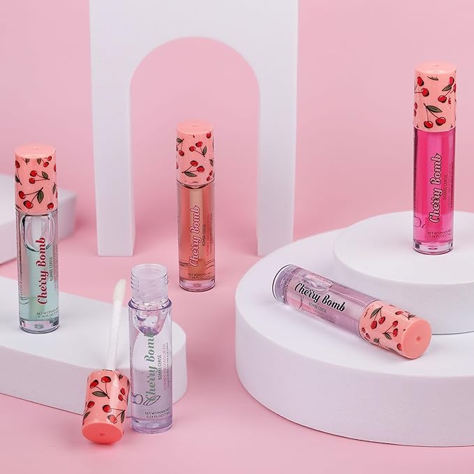 5pc Lip Oil Set - Cherry Bomb Lip Oils, Lip Healing Cherry Infused Lip Oil Collection with Precision Applicator Wand Everyday Lip Care and Lip Repair (CHERRY BOMB)