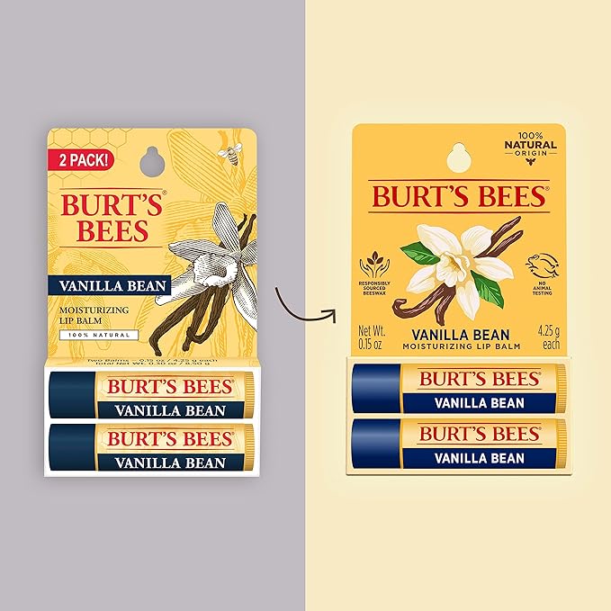 Burt's Bees Lip Balm - Vanilla Bean, Lip Moisturizer With Responsibly Sourced Beeswax, Tint-Free, Natural Origin Conditioning Treatment, 2 Tubes, 0.15 oz.