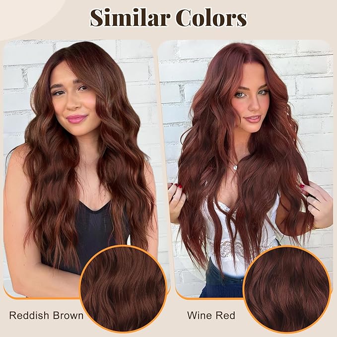 ALXNAN Clip in Long Wavy Synthetic Hair Extension 24 Inch Reddish Brown 4PCS Thick Hairpieces Fiber Double Weft Hair for Women