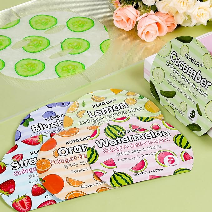KONEUK 60 Pack Colorful Fruit Face Masks Skincare Set, Bulk Sheet Facial Mask for All Skin Types, Collagen Hydrating Face Mask for Women, Spa Party Gifts and Valentines Day Gifts (6 Types x 10 Pcs)