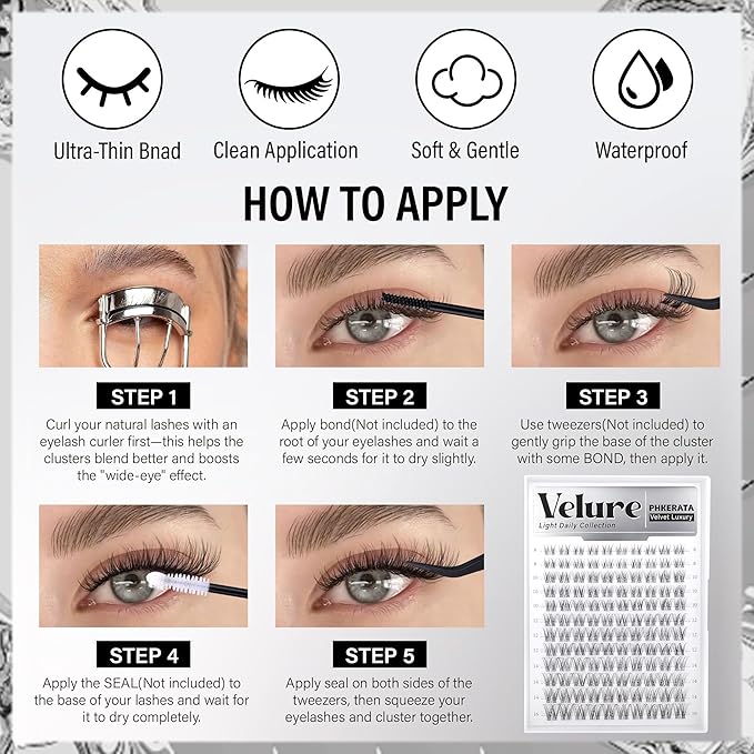 Velure Lash Clusters Kit Natural Eyelash Clusters Wispy Lash Extension Kit Invisible Clear Band Lashes DIY Cluster Eyelash Extensions with Bond and Seal Tweezers, 8-16mm, 120Pcs