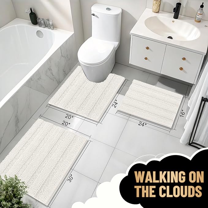 OLANLY Thick Bathroom Rugs 30x20, Extra Soft Absorbent Chenille Striped Bath Rugs, Rubber Backing, Machine Wash Dry, Bath Mats for Bathroom Floor, Tub and Shower, Home Decor Accessories, Ivory