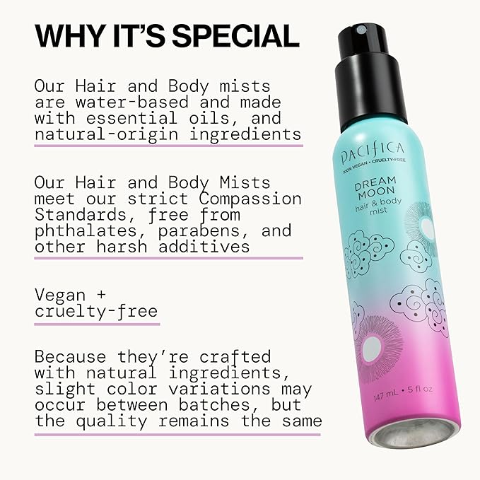 Pacifica Hair Perfume & Body Fragrance Spray Mist - Dream Moon with Bergamot, Pear, Pink Rose, Coconut, Vanilla, Sandalwood & Patchouli – Alcohol-Free, Vegan & Cruelty-Free, 5 oz (1 Count)