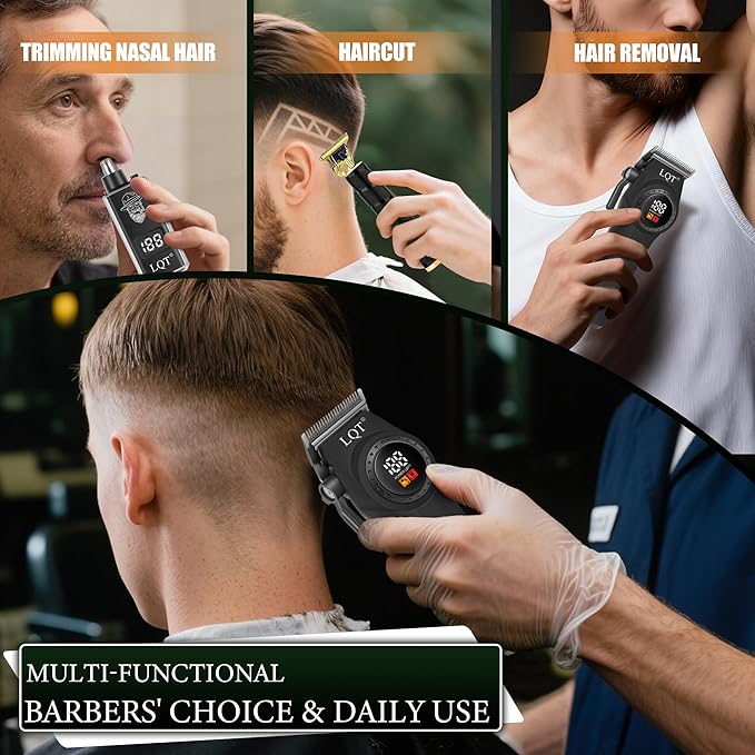 Hair Clippers for Men, 3-Piece Professional Grooming Kit Includes Hair Clipper, LED Power Display,Detail Trimmer and Nose Trimmer, Complete Cordless Set for Home Barber Use (Black)