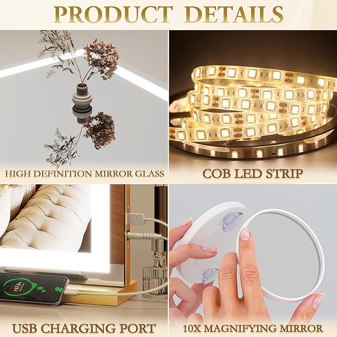 ROLOVE Vanity Mirror with Lights, 32" x 22" Large Lighted Vanity Mirror with Dimmable 3 Modes, LED Makeup Mirror, 10X Magnification, USB Charging Port, Tabletop or Wall-Mounted Square Gold