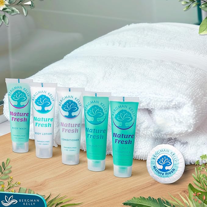 BERGMAN KELLY Round Soap Bars, 2in1 Shampoo & Conditioner 2-Piece Set (Nature Fresh, 1 oz each, 100 pc), Delight Your Guests with Refreshing & Soothing Hotel Amenities & Bulk Toiletries