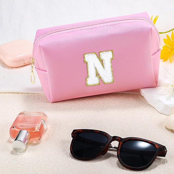 URSKYTOUS Initial Makeup Bag Personalized Preppy Travel Small Cosmetic Bag Cute PU Pink Chenille Letter Makeup Pouch for Purse Waterproof Zippered Toiletry Organizer for Women Girls Kids Friends (N)