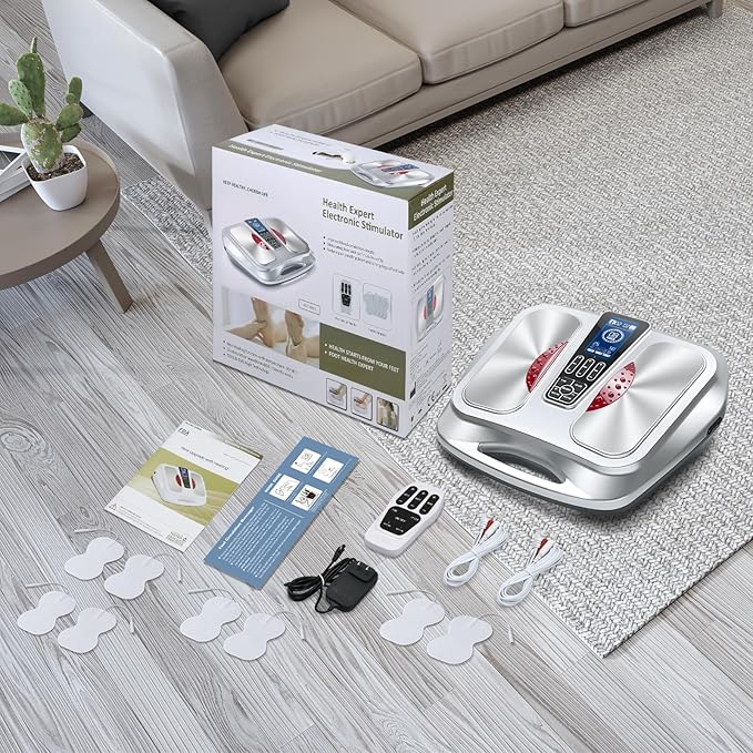 EMS Foot Massager with Heat,TENS Electronic Muscle Circulation Stimulator with 4 Electrode Pads for Neuropathy,Relieves Swelling, Fatigue, Plantar Fasciitis-Silent Operation (Silver) (Silver)