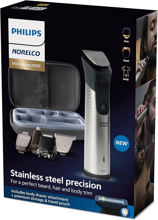 Norelco New Philips Multigroom Series 9000-21 Piece Men's Grooming Kit for Beard, Body, face, Nose, Ear Hair Trimmer w/Premium Storage case, MG9510/60