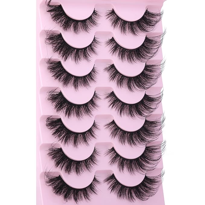 EYDEVRO False Eyelashes Fluffy Lashes D Curl Faux Mink Lashes Cat Eye Lashes Wispy Fake Lashes Fox Eye Manga Lashes Volume Strip Lashes 7 Pairs Pack