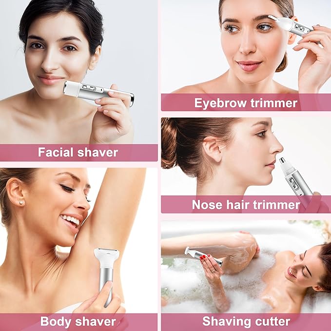 Electric Razor for Women,Hair Trimmer for Face Nose Eyebrow Beard Mustache Arm Leg Armpit Bikini,Painless Rechargeable Portable 5 in 1 Lady Body Shavers Set