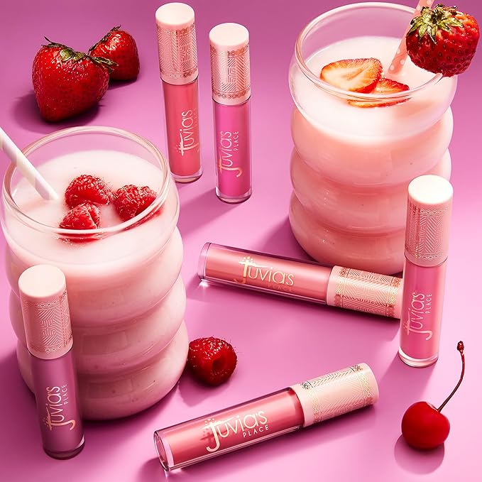 Juvia's Place Smoothie Lip Gloss Strawberry Bliss - Hydrating Cream Lipgloss w/Pink & Mauve Tones - Non Sticky Plumping Glosses - High Shine Lipgloss for Women -Lip Plumper w/Cocoa Butter & Chia Oil