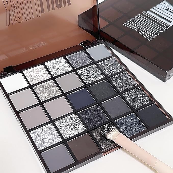 K'APEINE 25 Color Black Eyeshadow Palette, Smoke Eyeshadow Palette Silver Smokey Eye Shadow Matte Velvet & Metallic Shimmer Cool Smoky Dark Shades for Goth Makeup No Fading, Long Lasting Waterproof