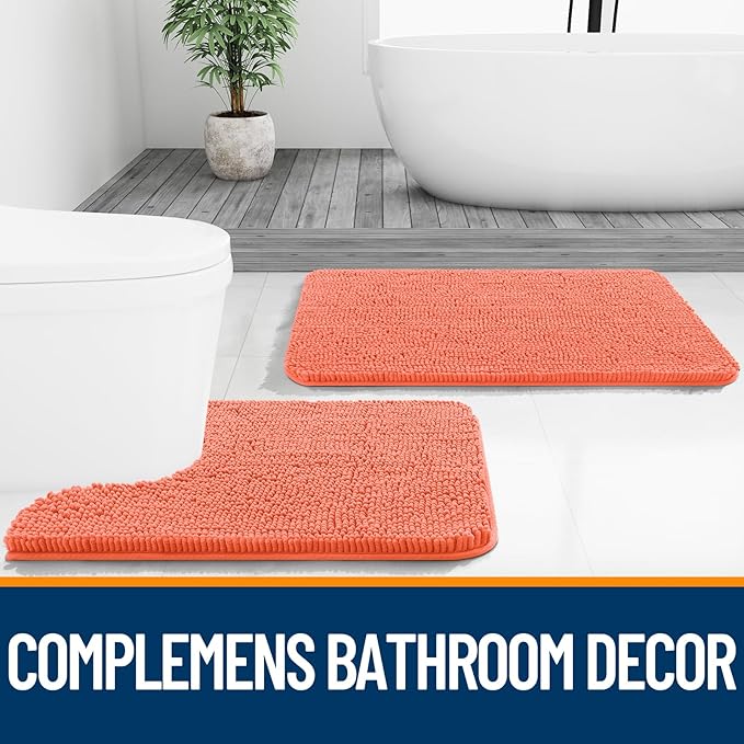 OLANLY Bathroom Rugs 70x46, Extra Soft Absorbent Chenille Bath Rugs, Rubber Backing Quick Dry, Machine Washable Bath Mats for Bathroom Floor, Tub and Shower, Home Decor Accessories, Coral