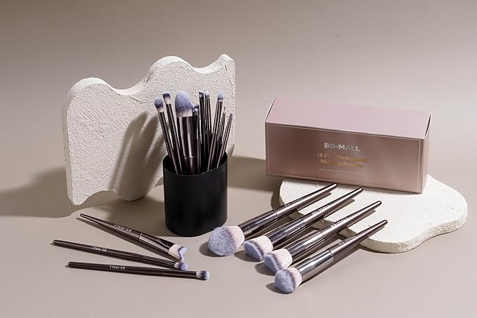 BS-MALL Makeup Brush Set 18 Pcs Premium Synthetic Foundation Powder Concealers Eye shadows Blush Makeup Brushes with black case (Coffee)