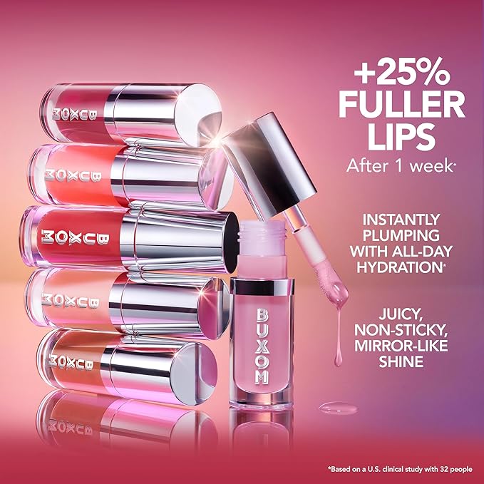Buxom Full On Glossy Lip Oil in White Russian Power Line Plumping Lip Liner in Hush Hush Henna