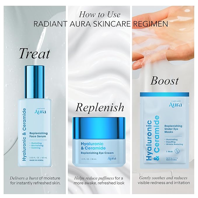 Radiant Aura Hyaluronic Acid & Ceramide Eye Cream For Dark Circles - Dermatologist Tested, Anti Aging Korean Skin Care - Deep Hydration & Depuffing Eye Treatment - Vegan, Clean Beauty - 1.0 Fl Oz
