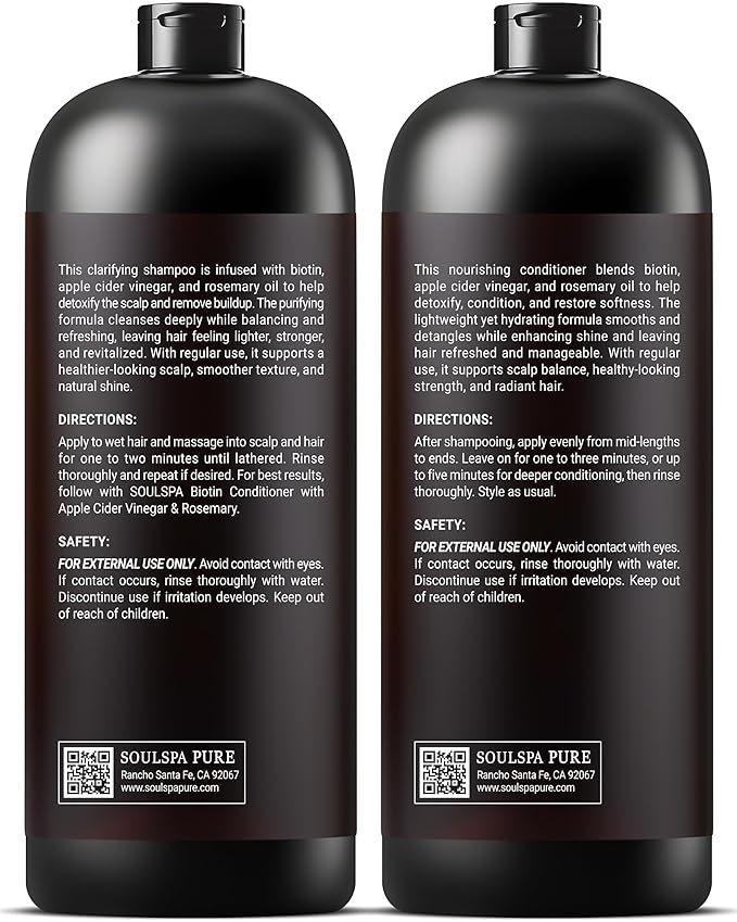 Biotin Shampoo and Conditioner Set with Apple Cider Vinegar & Rosemary Oil | Sulfate Free Scalp Care & Hair Strengthening System for Thinning, Oily or Color-Treated Hair – 16 fl oz Each | SOULSPA PURE