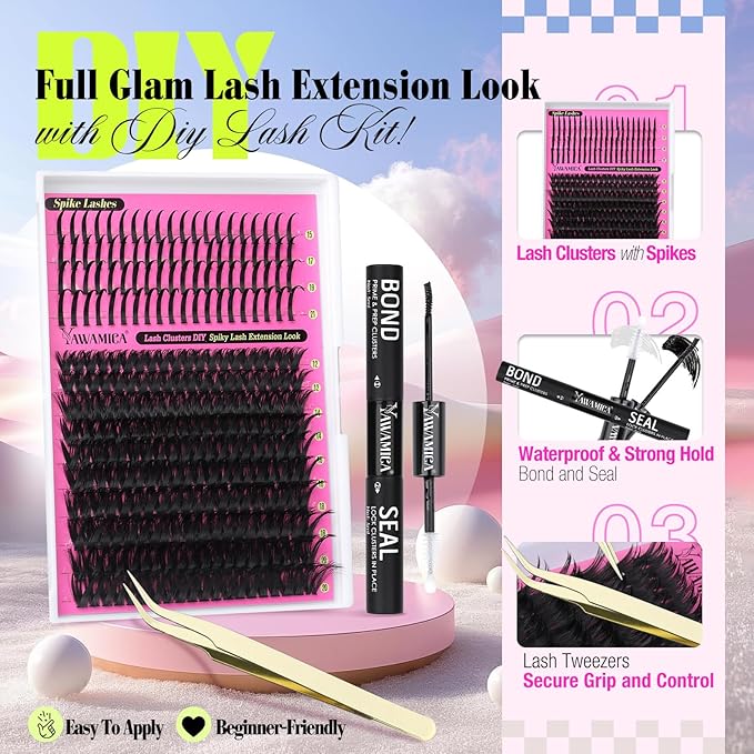 Yawamica Lash Clusters Kit with Spikes DIY Spiky Eyelash Extension Wispy Eyelash Clusters 12-20mm with 15-21mm Lash Spikes D Curl Individual Lashes DIY Lash Extension Kit with Bond and Seal Tweezers