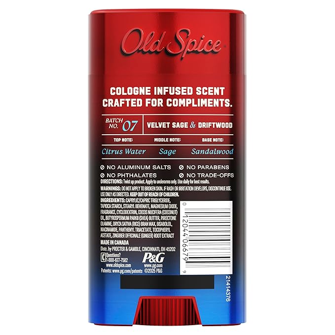 Old Spice Aluminum Free Deodorant for Men, The Spice Alchemist Collection, 24/7 Cologne Infused Scent, No Trade Off Formula, Free of Parabens & Phthalates, Velvet Sage + Drift Wood Scent, 3.0 oz