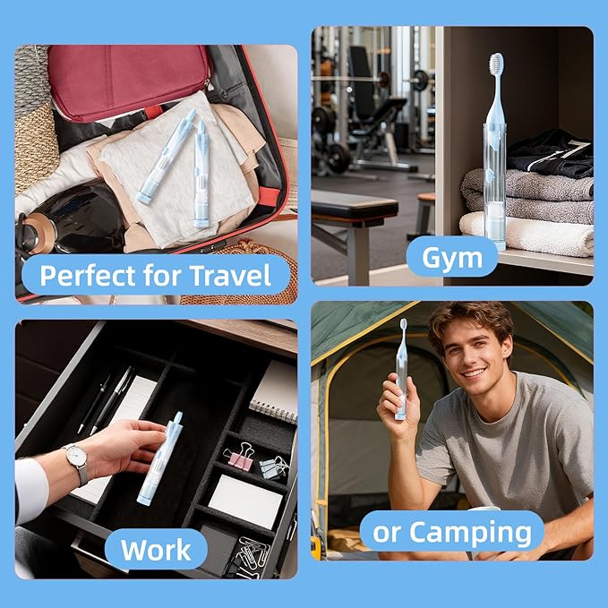 Folding Travel Toothbrush Set, Foldable Travel Toothbrush Kit with 2 Soft Brush Heads, Traveling Size Tooth Brush with Built-in Toothpaste Container for Hiking, Camping, On The Go (Blue)