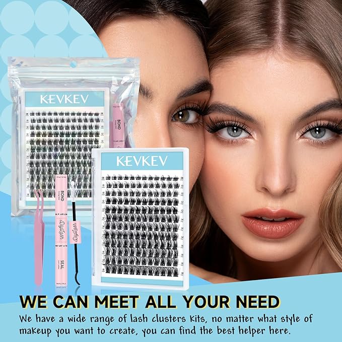 KevKev Lash Clusters Kit 144pcs Eyelash Clusters Cloudy Natural Wispy Lash Clusters Eyelash Extension Kit ith Lash Bond and Seal Remover Beginner Friendly (Cloudy, D-8-18mix)