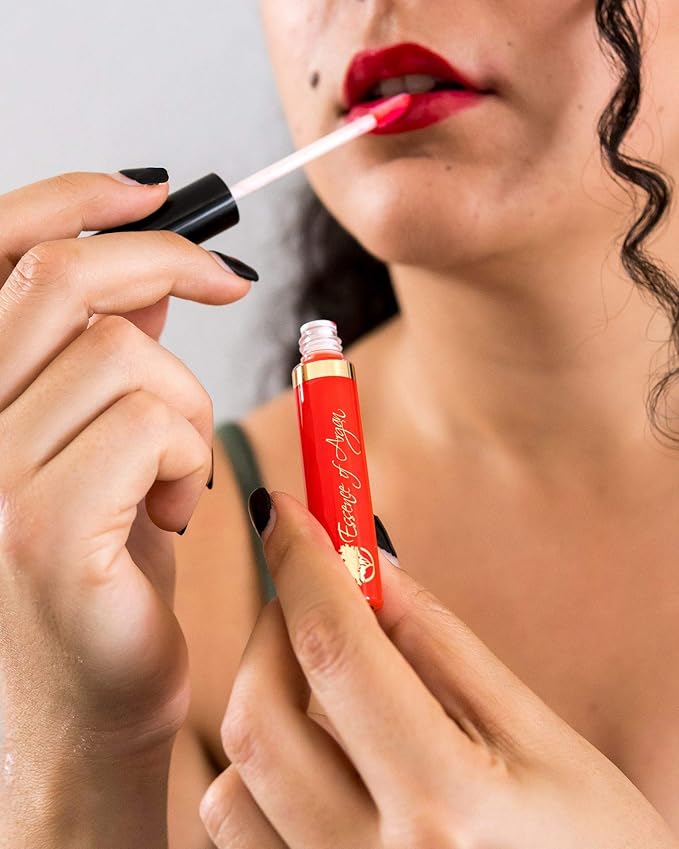 Essence Of Argan Lip Care Bundle - Moisturizing Deep Red Lipstick & Nourishing Lip Gloss with Organic Moroccan Argan Oil - Voluptuous Sexy Lips - Sun Protection, Long Lasting & Colorful Lip Balm Set