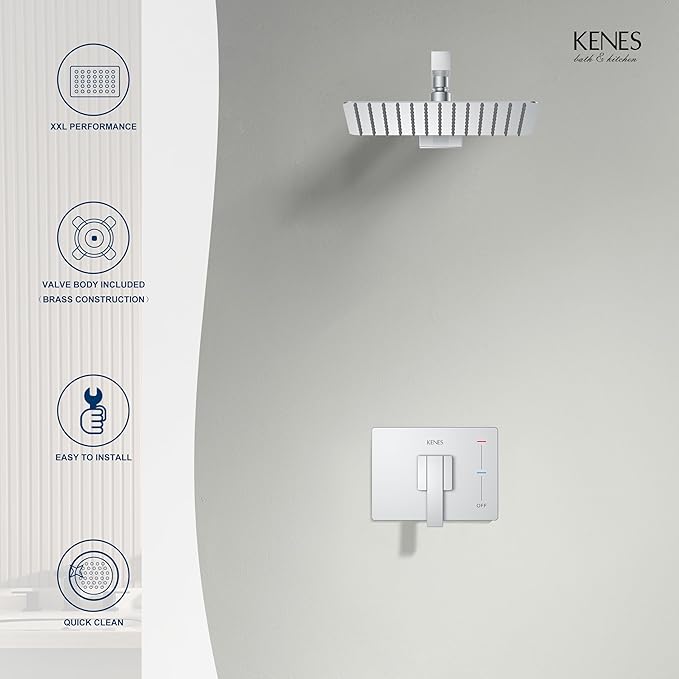 KENES Modern Polished Chrome 10-Inch Shower Head and Handle Set, Square Shower Faucet Set Bathroom Rainfall Shower System, KE-6024B-5 (Shower Valve Included)