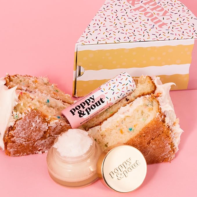 Poppy & Pout Lip Care Set | Lip Balm & Scrub | Sustainable Cardboard Tubes & Glass Jars, All Natural, Beeswax, Coconut Oil, Cruelty Free, Exfoliating & Moisturizing Lip Treatment (Birthday Cake)