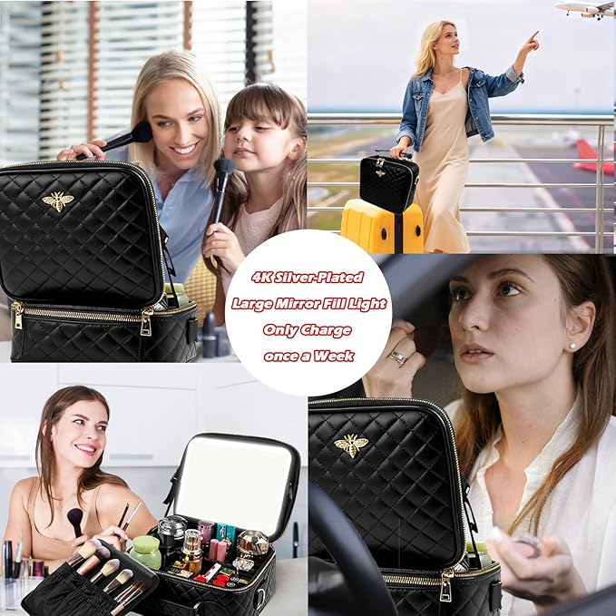 GIUWESOY Travel Makeup Bag with Light Up Mirror, Portable Makeup Bag with Led Light Women Waterproof Makeup Travel Case adjustable dividers Rechargeable Vanity Mirror with 3 Color Lights