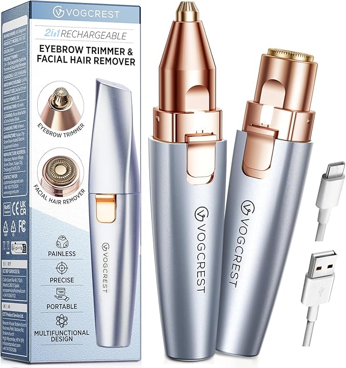 Eyebrow & Facial Trimmer: 2 in1 Rechargeable Facial Hair & Eyebrow Shaver - Painless LED Light (Sky Blue)