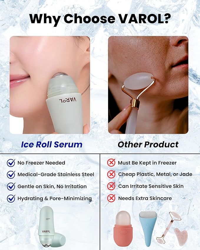VAROL Ice Roll Serum for Face, Puffy Eyes, Under Eye Bags - Panthenol & Tannin for Hydrating, Pore Minimizing, Ice Roller for Puffiness, Redness, Dark Circles - Korean Skin Care & Gua Sha, 1.69 Fl Oz