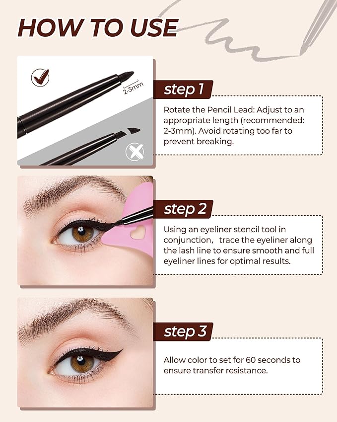 Dark Brown Eyeliner Pencil Retractable Gel Eye Liner Pencils Built in Sharpener Waterproof Smudge proof Waterline Eye Liner Pencil Smooth Creamy Texture With 1 Eyeliner Stencil Makeup Tool