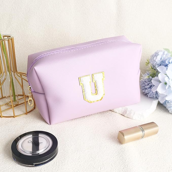 URSKYTOUS Gifts for Girls Initial Makeup Bag Personalized Cosmetic Bag with Zipper Cute Travel Toiletry Bag Waterproof PU Preppy Makeup Pouch Birthday Gift for Teen Girls Women(Purple U)