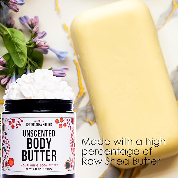 Whipped Body Butter for Dry Skin, UNSCENTED Rich Body Moisturizer with Raw Shea Butter | Body Lotion for Sensitive Skin, Paraben Free, No Synthetic Fragrances, Non Greasy Body Cream | 8 oz