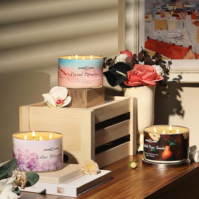 4EVER Scented Candles | 4-Wick 18oz Soy Wax Candle | Up to 50Hrs Clean Burn | Aromatherapy Candles for Home Scented | Gifts for Women & Mom, Coral Paradise