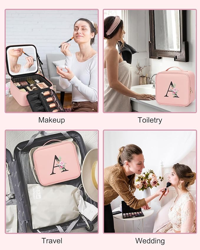 Relavel Initial Makeup Bag with LED Mirror for Women Girls, Personalized Travel Cosmetic Organizer Train Case, Birthday Gifts for Grandkids Bridesmaid Graduation Teacher Friends, Trendy Stuff, Pink N
