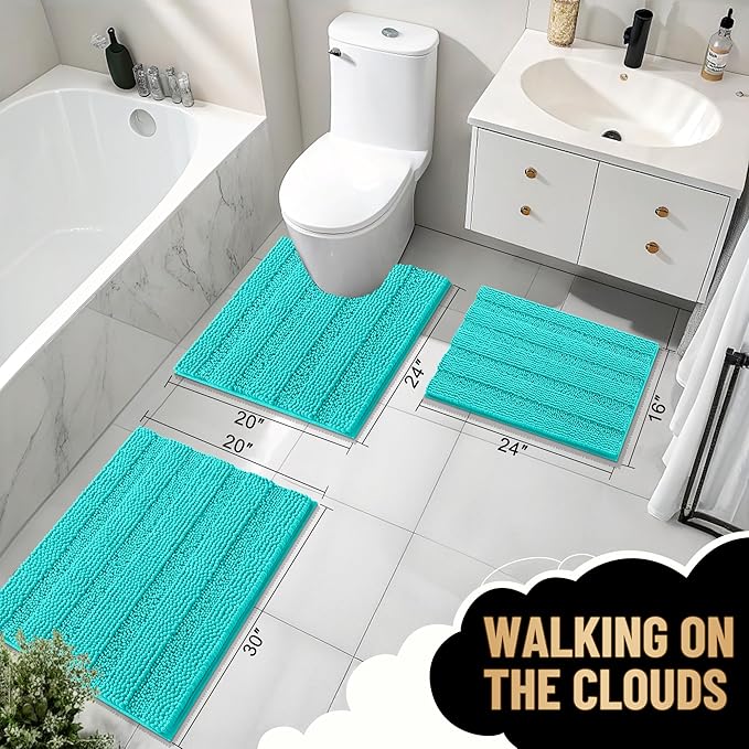 OLANLY Thick Bathroom Rugs 30x20, Extra Soft Absorbent Chenille Striped Bath Rugs, Rubber Backing, Machine Wash Dry, Bath Mats for Bathroom Floor, Tub and Shower, Home Decor Accessories, Teal