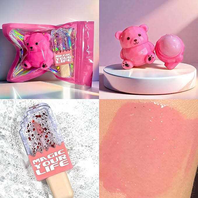 Bear Moisturizing Lip Balm & Lip Gloss Set - Oil Infused, Long-Lasting Lipstick & Gloss for Smooth Lips hydrating lip glow oil, Transparent Lip Oil Tinted, Reduce lip lines (Dark pink suit, 1)