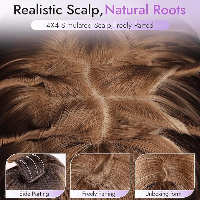 Long Copper Brown with Blonde Highlights Wig with Bangs for Women,4x4 Realistic Scalp,Free Parting,Layered Hairstyle Synthetic Heat Resistant for Daily Party Use 26 inch