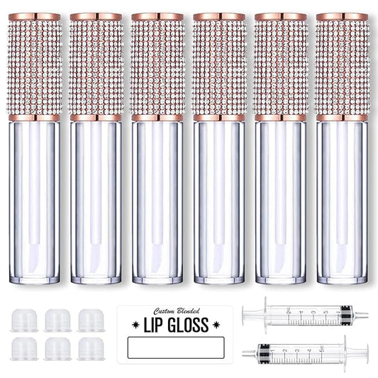 AMORIX 6pcs Lip Gloss Tubes with Wand 5ml Empty Rhinestone Lip Gloss Containers Lipgloss Bottles Crystal Lipgloss Supplies Kit with Syringe