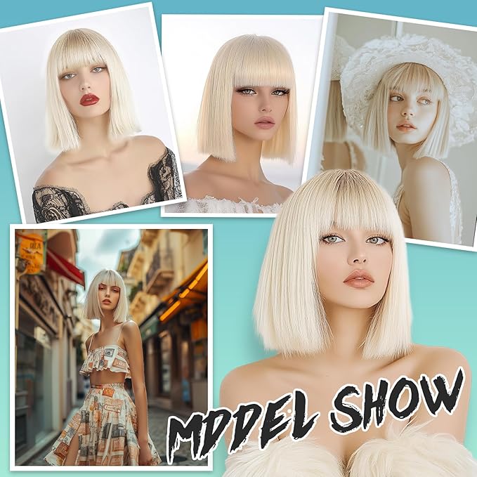 Blonde Wig With Bangs Short Bob Straight Wigs for Women Shoulder Length Blonde Natural Looking Synthetic Heat Resistant Fiber Wigs for Halloween Costumes Cosplay Daily Use(12 Inch)