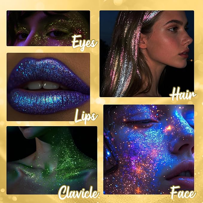 Gold Rolling Glitter for Face Body & Hair, Sparkling Holographic Chunky Shimmer, Roll-on Sequins for Singer Concert Mardi Gras Rave Festival Halloween Party Carnival, 1.35fl.oz