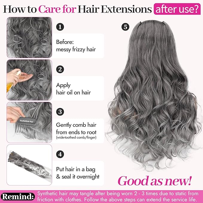 Kookastyle Clip in Hair Extensions, Natural Long Layered Soft Invisible Synthetic Curly Hairpieces for Women,4 pcs(20 Inch,Grey/Sliver Mixed)