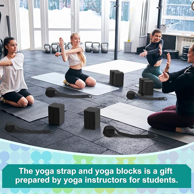 Meooeck 18 Pcs Yoga Block and Strap Set 9 x 6 x 3 Inch EVA Foam Non Slip Brick 8 ft Yoga Straps for Stretching D Ring Design Christmas Fitness Gifts for Women Pilates Workout Exercise